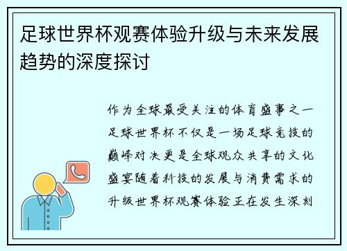 足球世界杯观赛体验升级与未来发展趋势的深度探讨